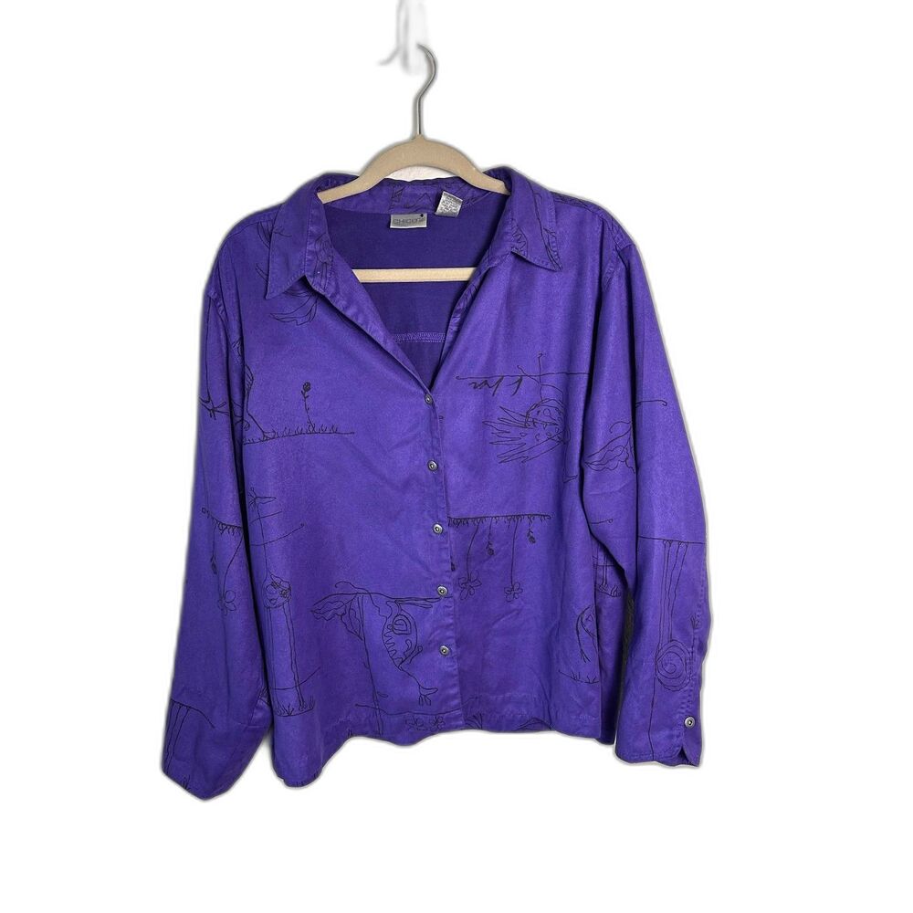 Chicos Womens Size 3 XL Purple Novelty Print Art to Wear Button Up Shirt Blouse